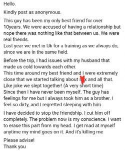 Lady Who cheated on husband to sleep with male bestie seeks for advices